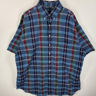 古着 ラルフローレン RALPH LAUREN 半袖シャツ ボタンダウンシャツ ワンポイント ロゴ 刺繍 大きいサイズ 2XLT ブルー系 チェック メンズ