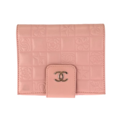 美品 CHANEL シャネル ヴィンテージ アイコン チョコバー ココマーク ピンク シルバー金具 ラムスキン 折財布 コンパクトウォレット 601456 【中古】