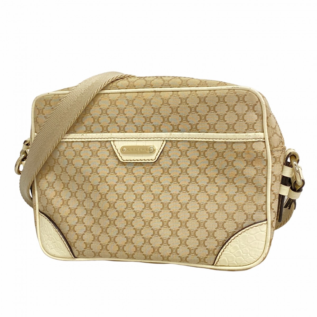 ★SALE【6ce6382】セリーヌ ショルダーバッグ マカダム キャンバス ベージュ ホワイト シャンパンゴールド金具【中古】レディース