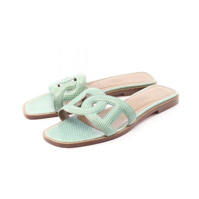 エルメス HERMES オマハ ミュール 靴 エキゾチックレザー リザード レディース グリーン系 【中古】