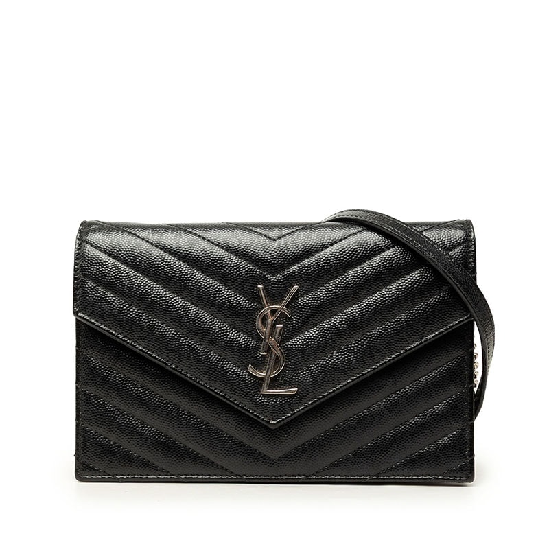 サンローラン カサンドラ 斜め掛け チェーン ショルダーバッグ ウォレット ブラック レザー レディース SAINT LAURENT 中古
