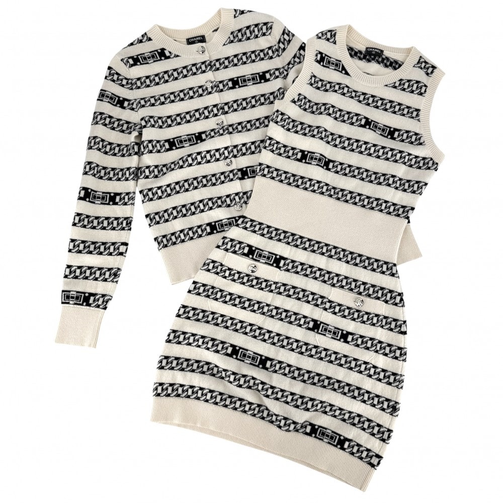CHANEL シャネル セットアップ ココボタン ボーダー カーディガン ノースリーブワンピース ヴィンテージ アパレル 服 34 ホワイト 白 ブラック 黒 カシミヤ レディース 春 秋【中古品】