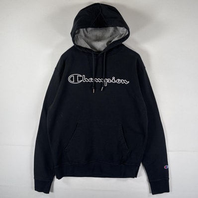 古着 チャンピオン Champion パーカー プルオーバー フーディ スウェット ビッグロゴ ワッペン刺繍 M ブラック メンズ