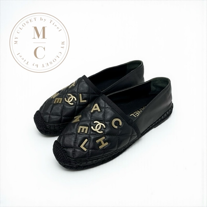 シャネル CHANEL フラットシューズ 靴 シューズ レザー ブラック ゴールド ココマーク ロゴ エスパドリーユ マトラッセ
