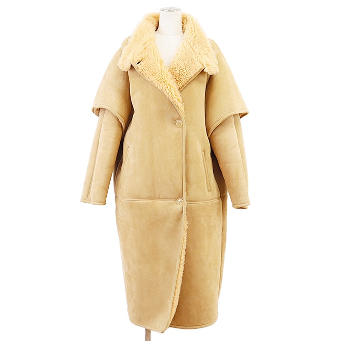 美品 セリーヌ ムートン レイヤードスリーブ スタンドカラー コート レディース キャメル 40 CELINE