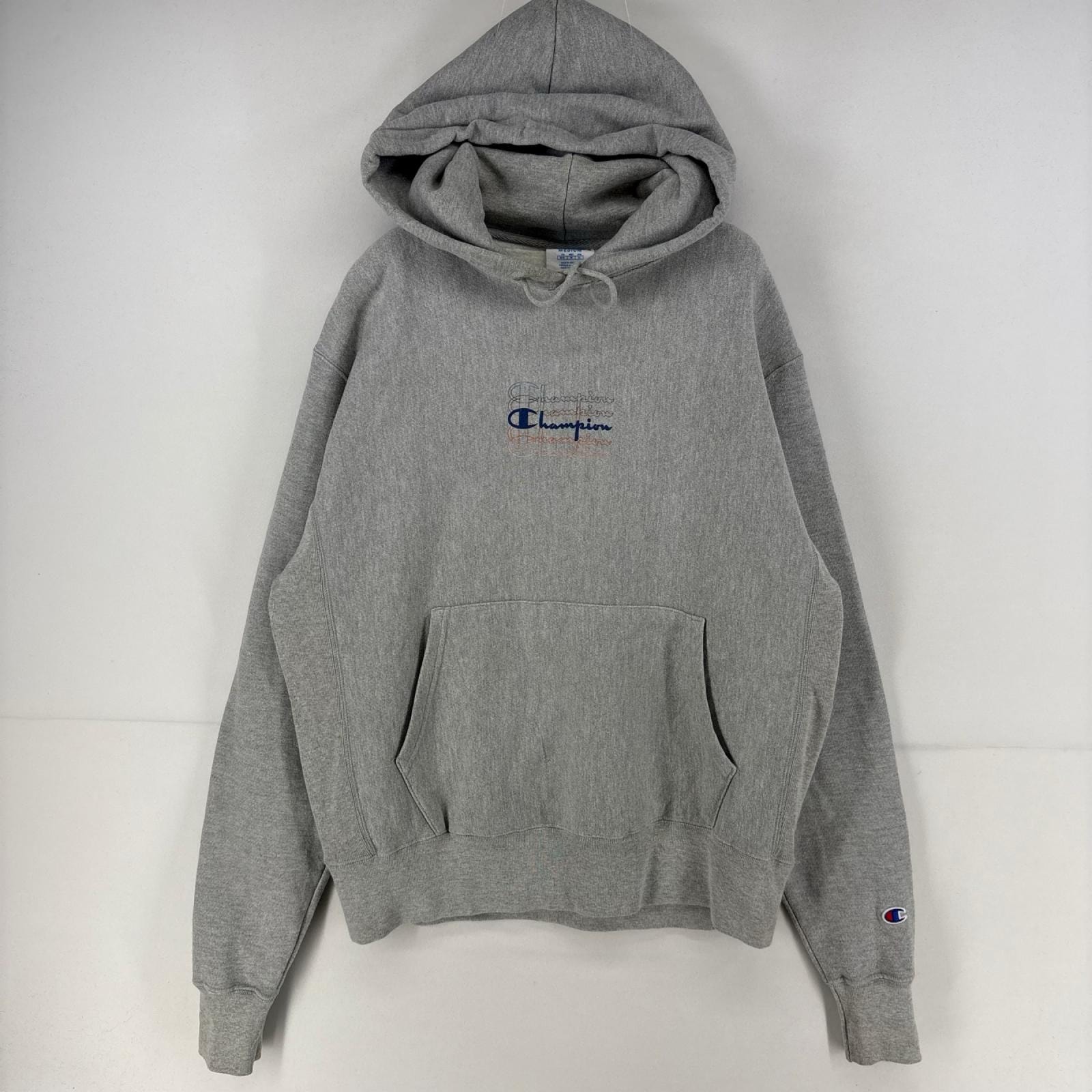 古着 チャンピオン Champion パーカー プルオーバー ワンポイント ロゴ プリント リバースウィーブ M  グレー メンズ