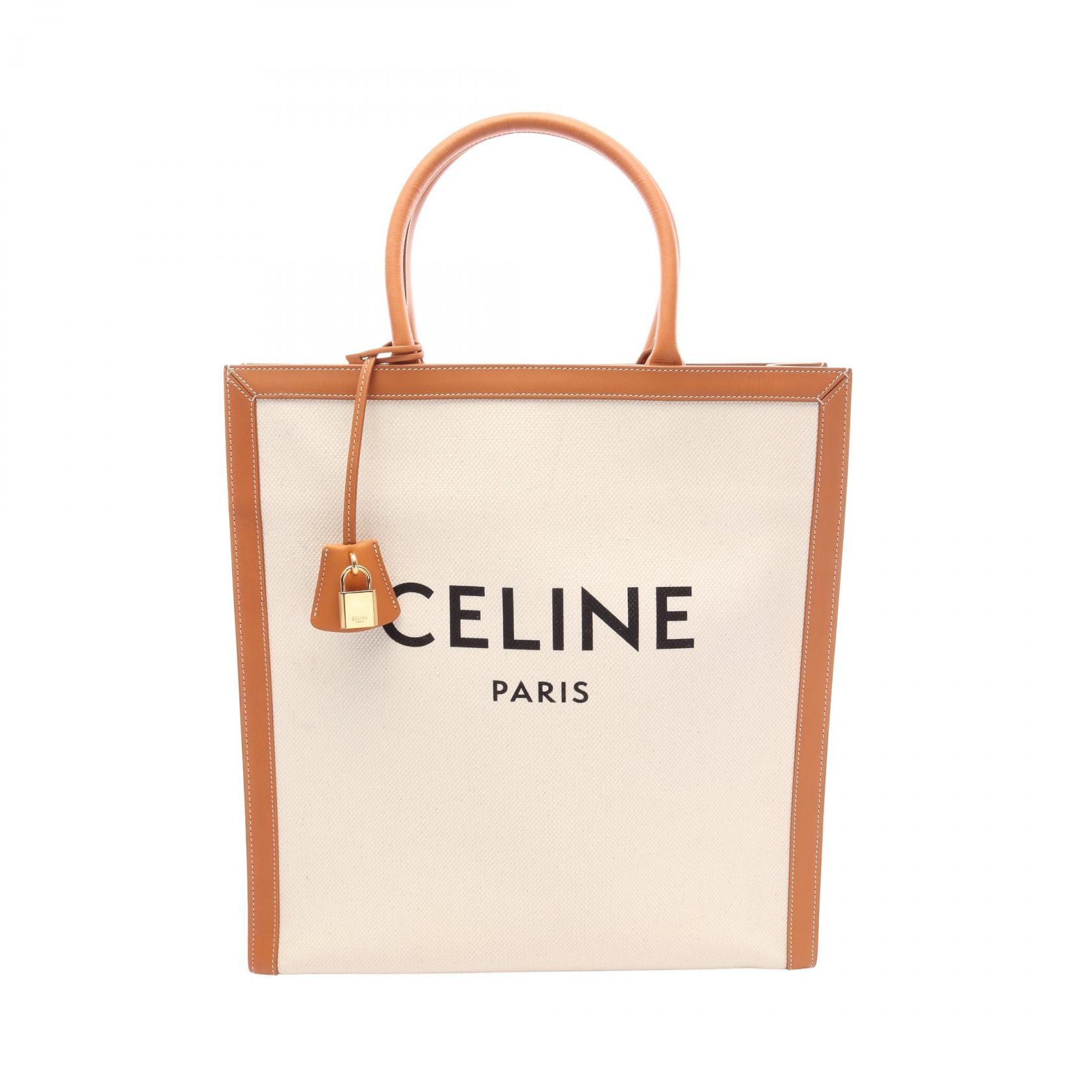 セリーヌ CELINE バーティカルカバ ラージ トートバッグ バッグ キャンバス レザー レディース ホワイト系 / ブラウン系 190402BNZ 【中古】