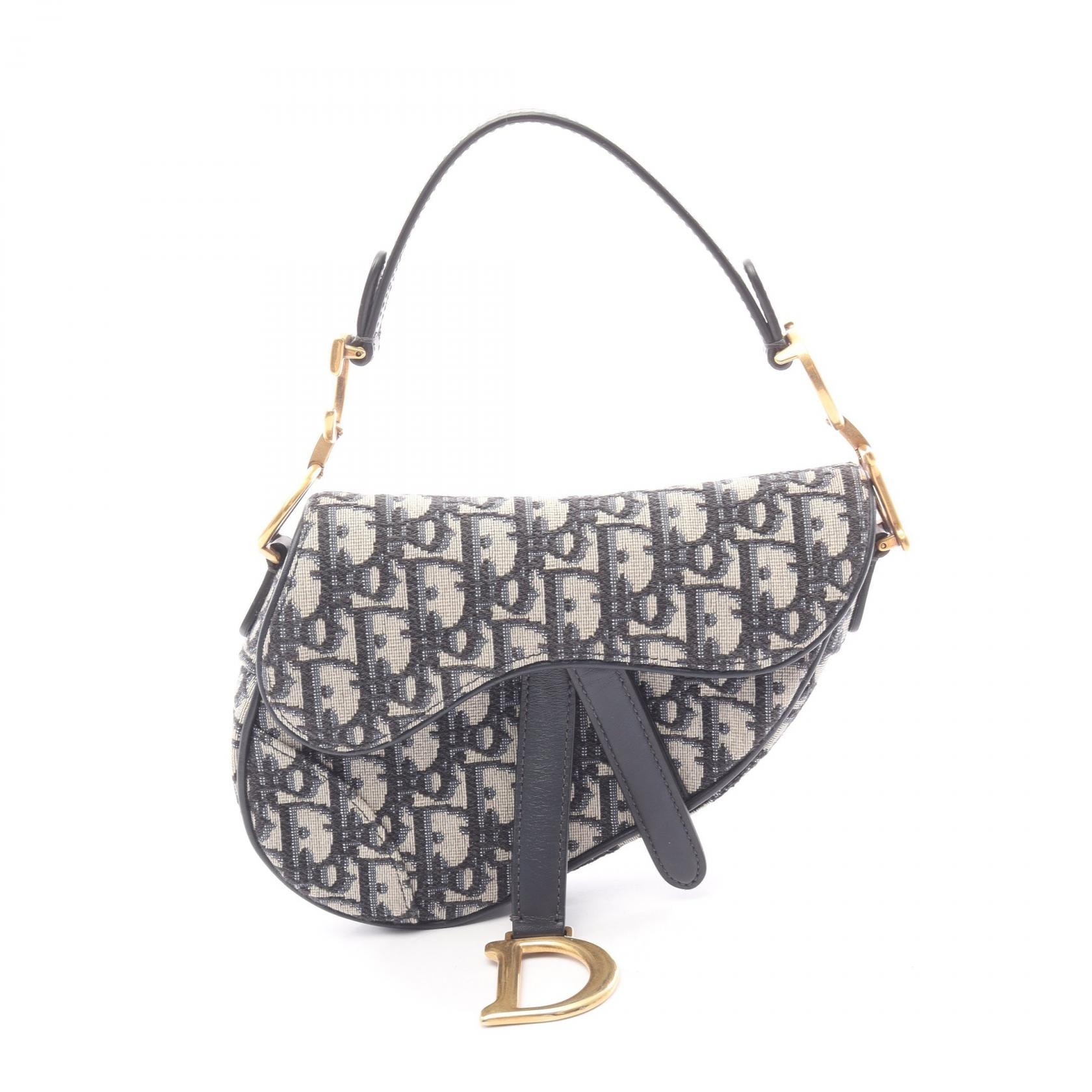 ディオール Dior サドルバッグ ミニ オブリークジャカード ハンドバッグ バッグ キャンバス レザー レディース アイボリー系 / ネイビー系 【中古】