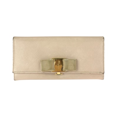 Salvatore Ferragamo サルヴァトーレフェラガモ ヴァラリボン ベージュ ゴールド金具 レザー 長財布 ロングウォレット 600519 【中古】