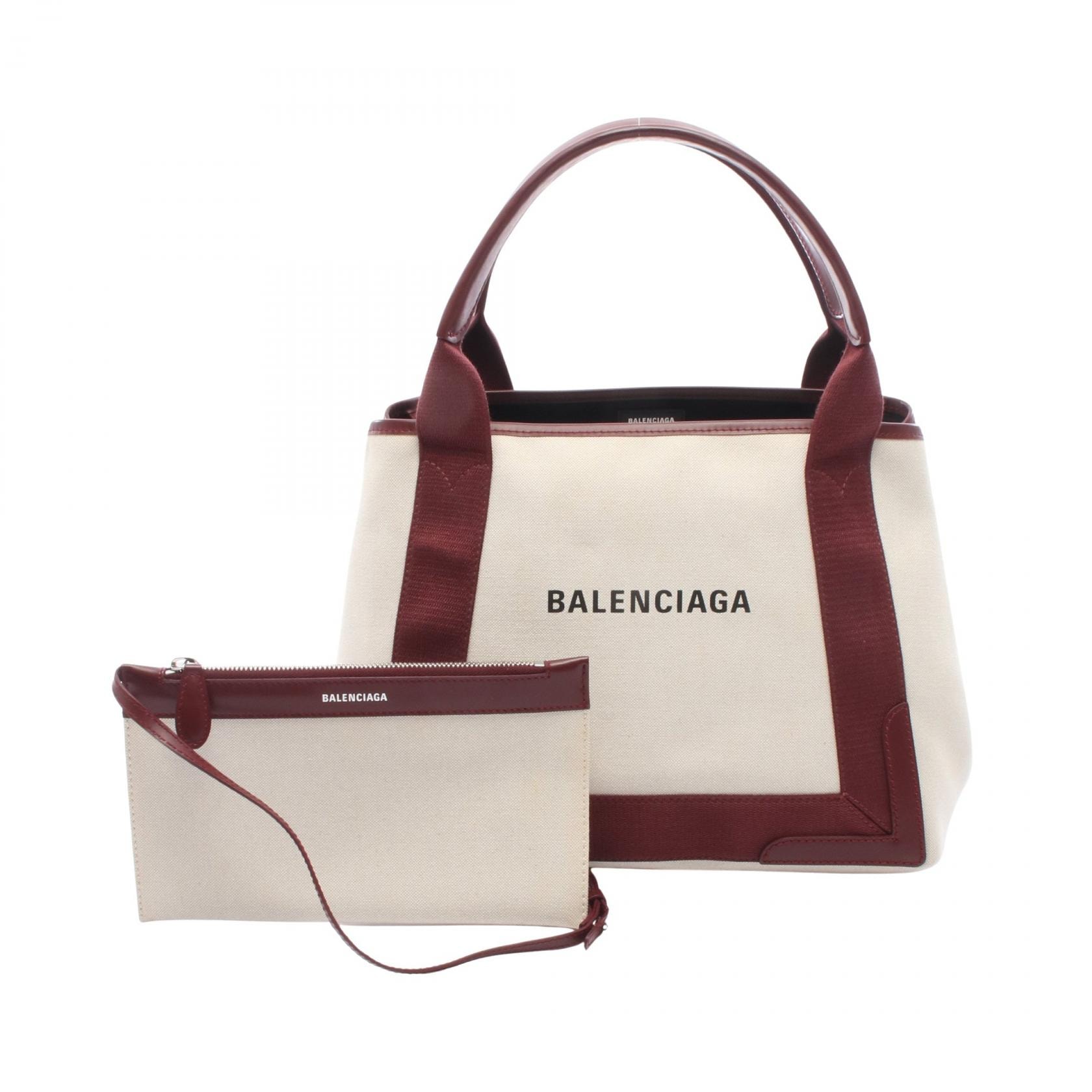 バレンシアガ BALENCIAGA NAVY CABAS S ネイビーカバ トートバッグ バッグ キャンバス レザー レディース アイボリー系 / ボルドー系 【中古】