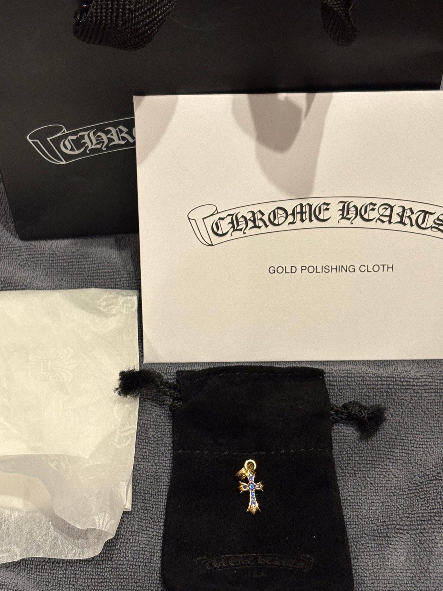 Chrome Hearts 22K Cross Baby Fat Pave Sapphire Charm "Yellow Gold/Blue"