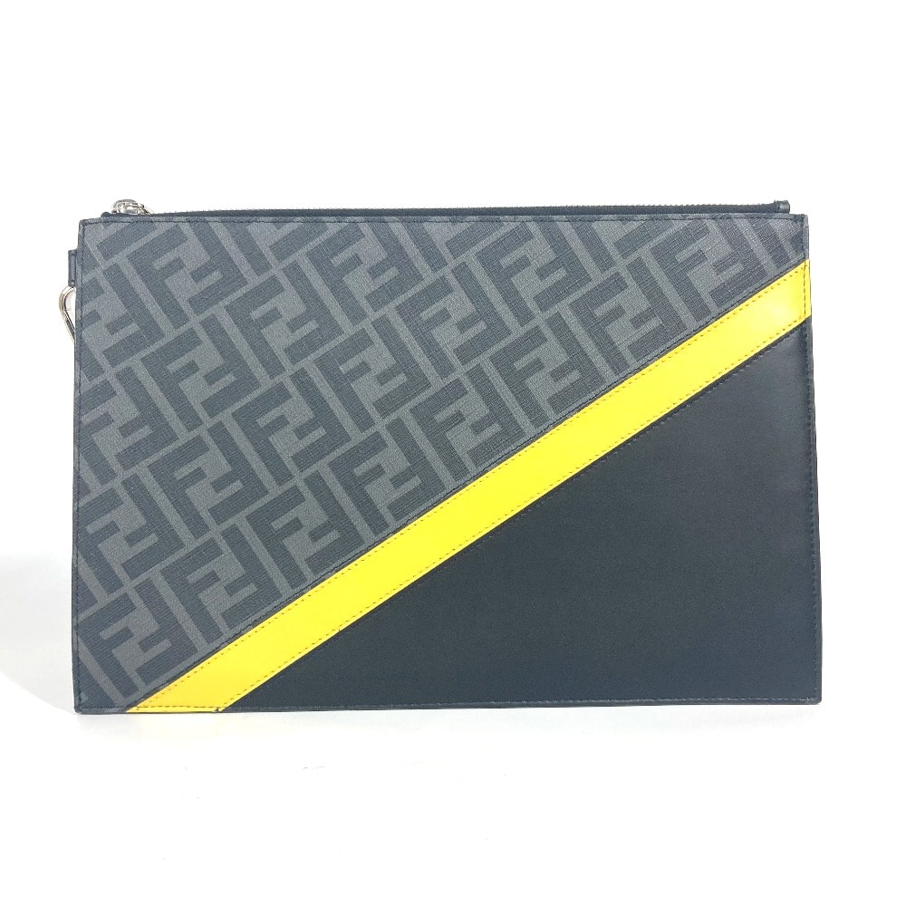 フェンディ FENDI ダイアゴナル ズッカ 7N0110 フラット スリム セカンドバッグ カバン ポーチ クラッチバッグ レザー ブラック×イエロー×グレー 美品