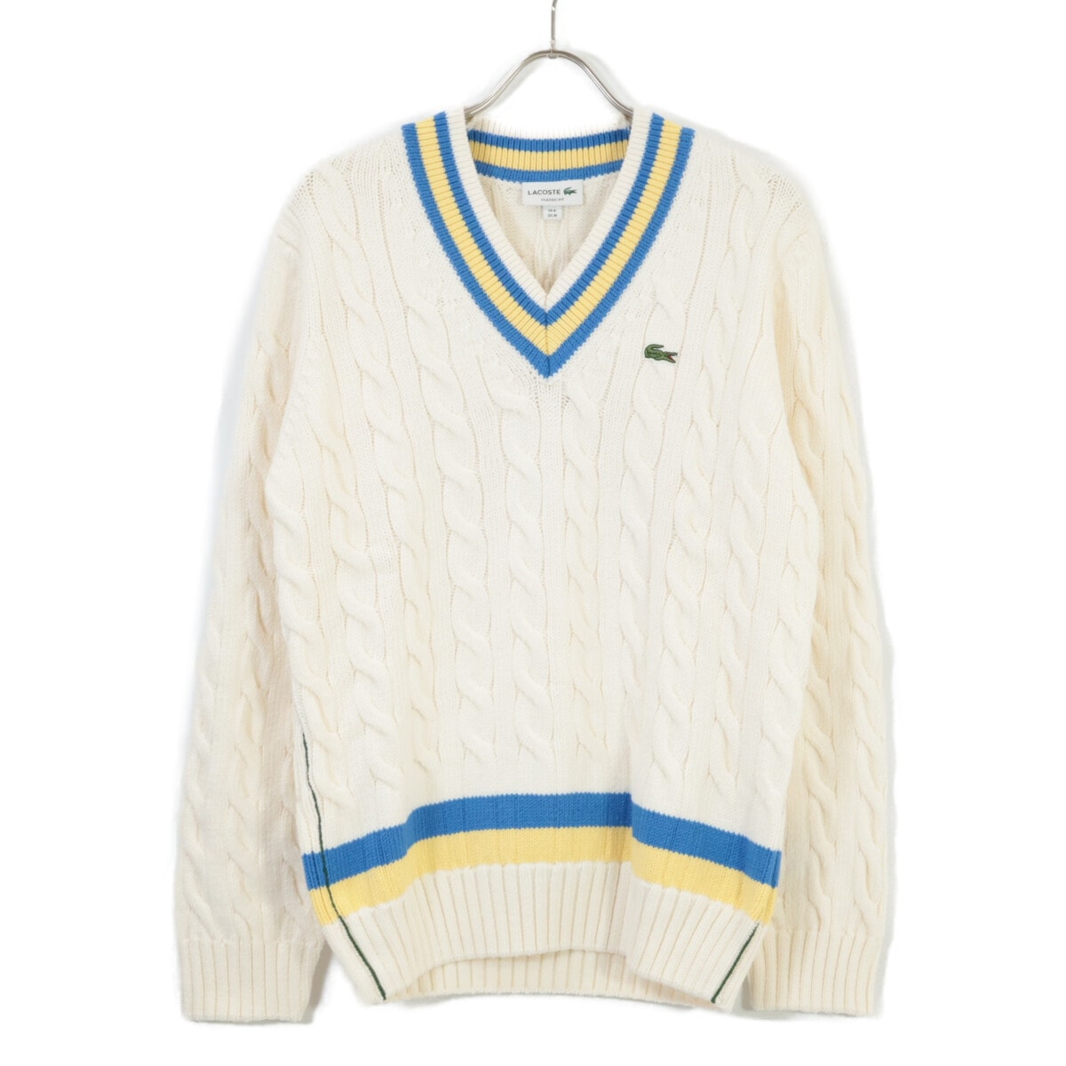 ラコステ ホワイト AH0493L ウール混 Vネック ケーブルニット M