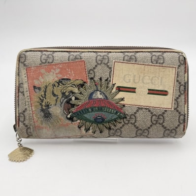 GUCCI(グッチ)GGスプリーム ジップアラウンドウォレット 長財布 タイガー プリント ワッペン ベージュ系 PVCキャンバス ラウンドファスナー レディース メンズ