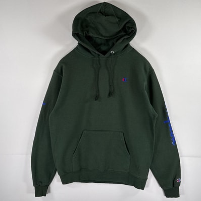 古着 チャンピオン Champion パーカー スウェット プルオーバー ワンポイントロゴ 袖プリント フーディ M グリーン メンズ