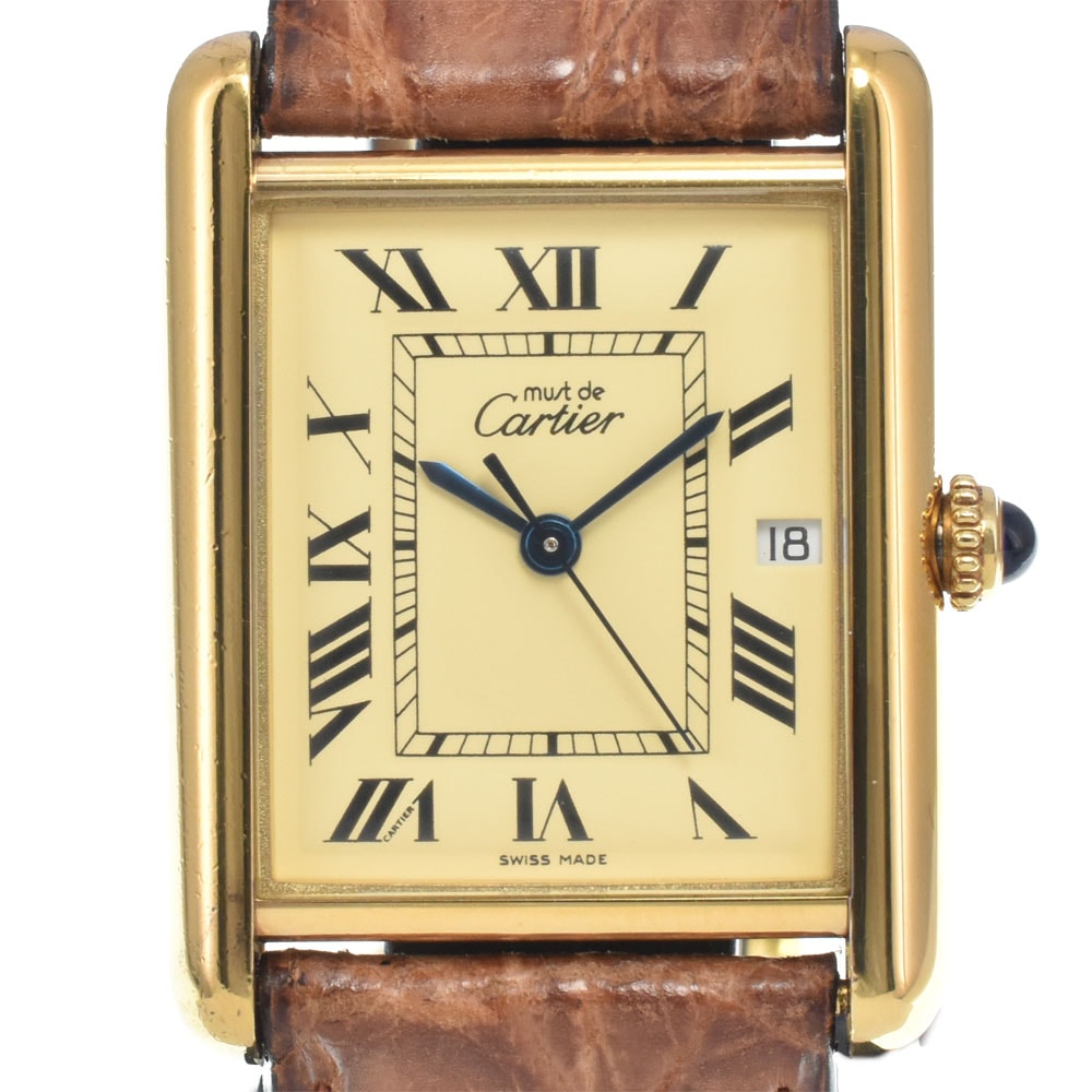 カルティエ CARTIER W1017454 マストタンク LM SV925(GP)/レザー ゴールド クォーツ ユニセックス 美品 内箱付き 腕時計 I#147892