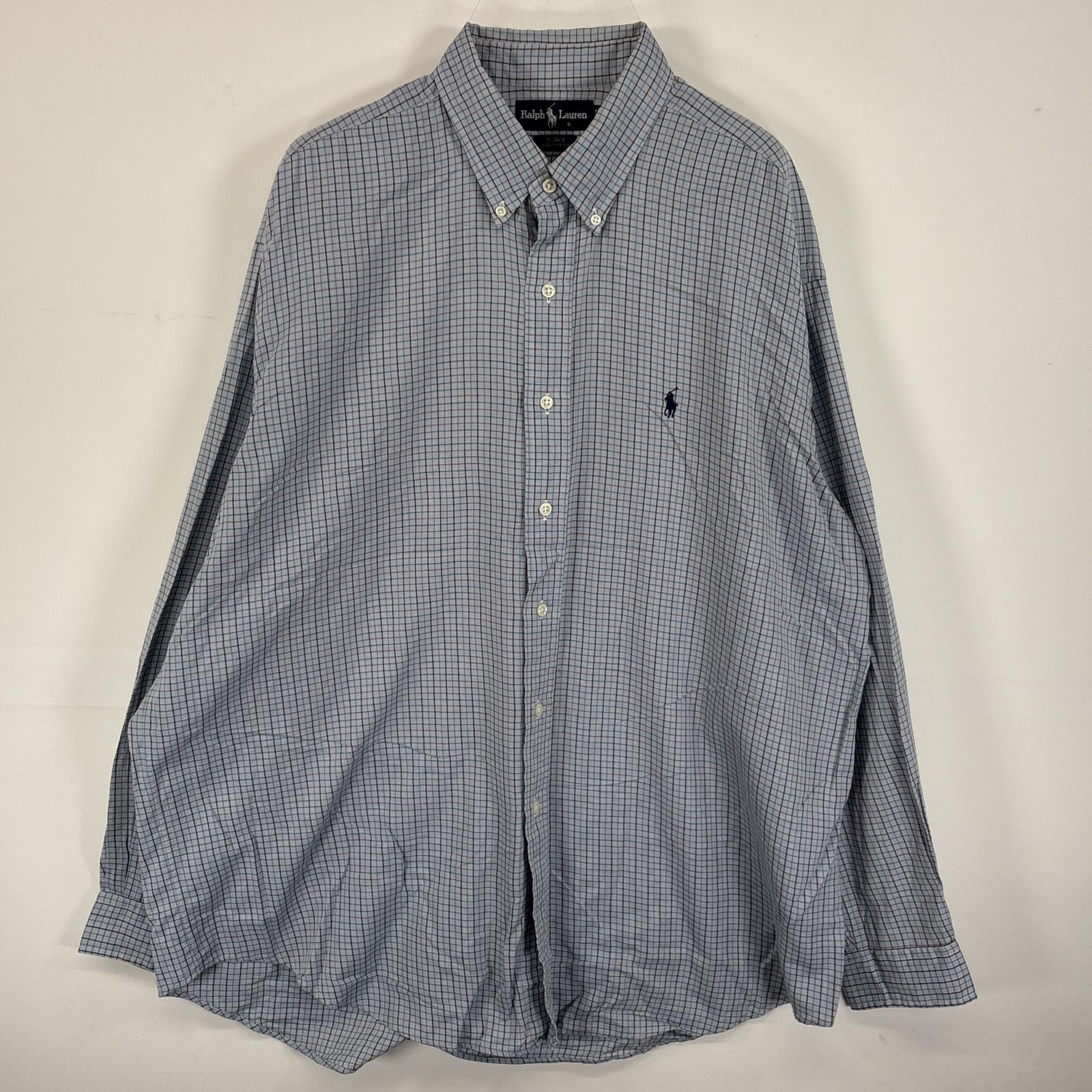古着 ラルフローレン RALPH LAUREN 長袖シャツ ボタンダウンシャツ ワンポイント ロゴ 刺繍 大きいサイズ XL  ブルー系 無地 メンズ