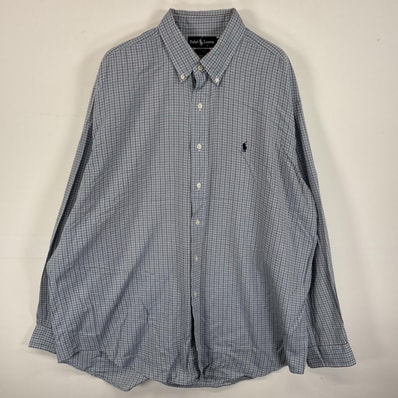 古着 ラルフローレン RALPH LAUREN 長袖シャツ ボタンダウンシャツ ワンポイント ロゴ 刺繍 大きいサイズ XL ブルー系 無地 メンズ