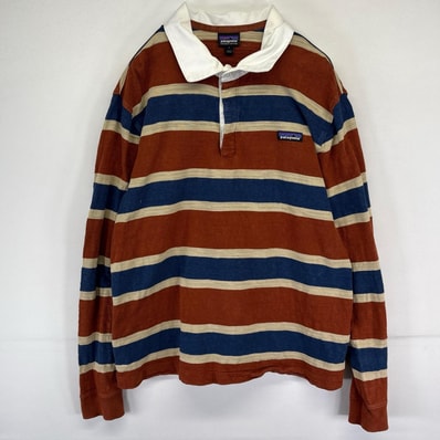 古着 パタゴニア patagonia 長袖 ラガーシャツ ボーダー アウトドア ワンポイントロゴ プルオーバー L ブラウン系 メンズ