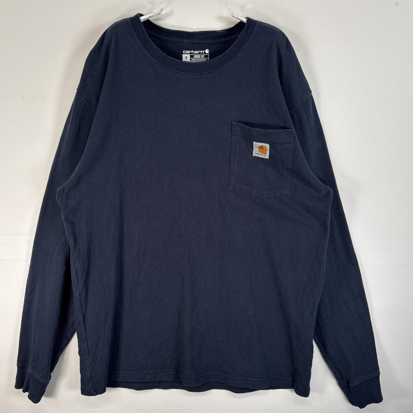 古着 カーハート Carhartt 長袖Tシャツ ワンポイント ロゴ 肉厚 胸ポケ M  ネイビー 無地 メンズ