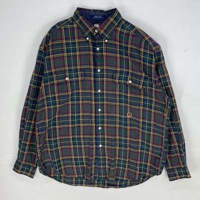 古着 トミーヒルフィガー TOMMY HILFIGER 長袖シャツ ワンポイント 胸ポケット ロングスリーブ L グリーン系 チェック メンズ