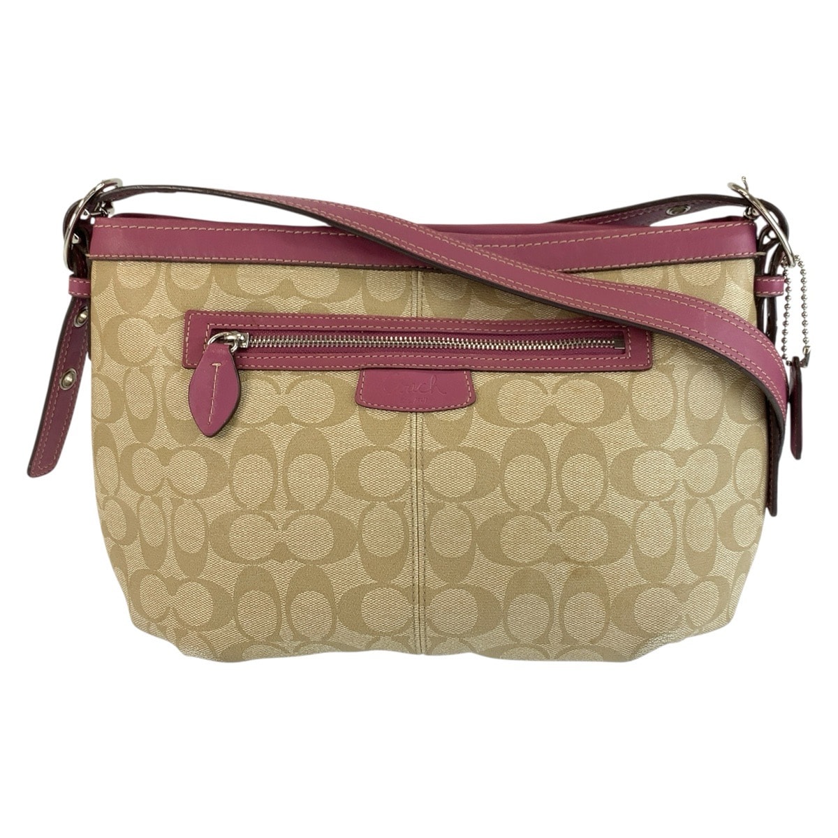 COACH コーチ シグネチャー ベージュ ピンク シルバー金具 PVC レザー/ ショルダーバッグ ポシェット 1-0296083 【中古】