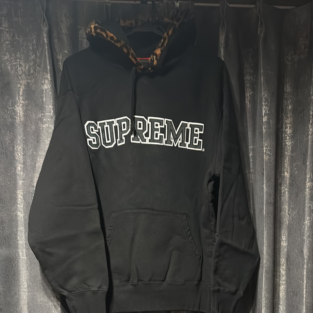 Supreme Leopard Trim Hooded Sweatshirt "Black"