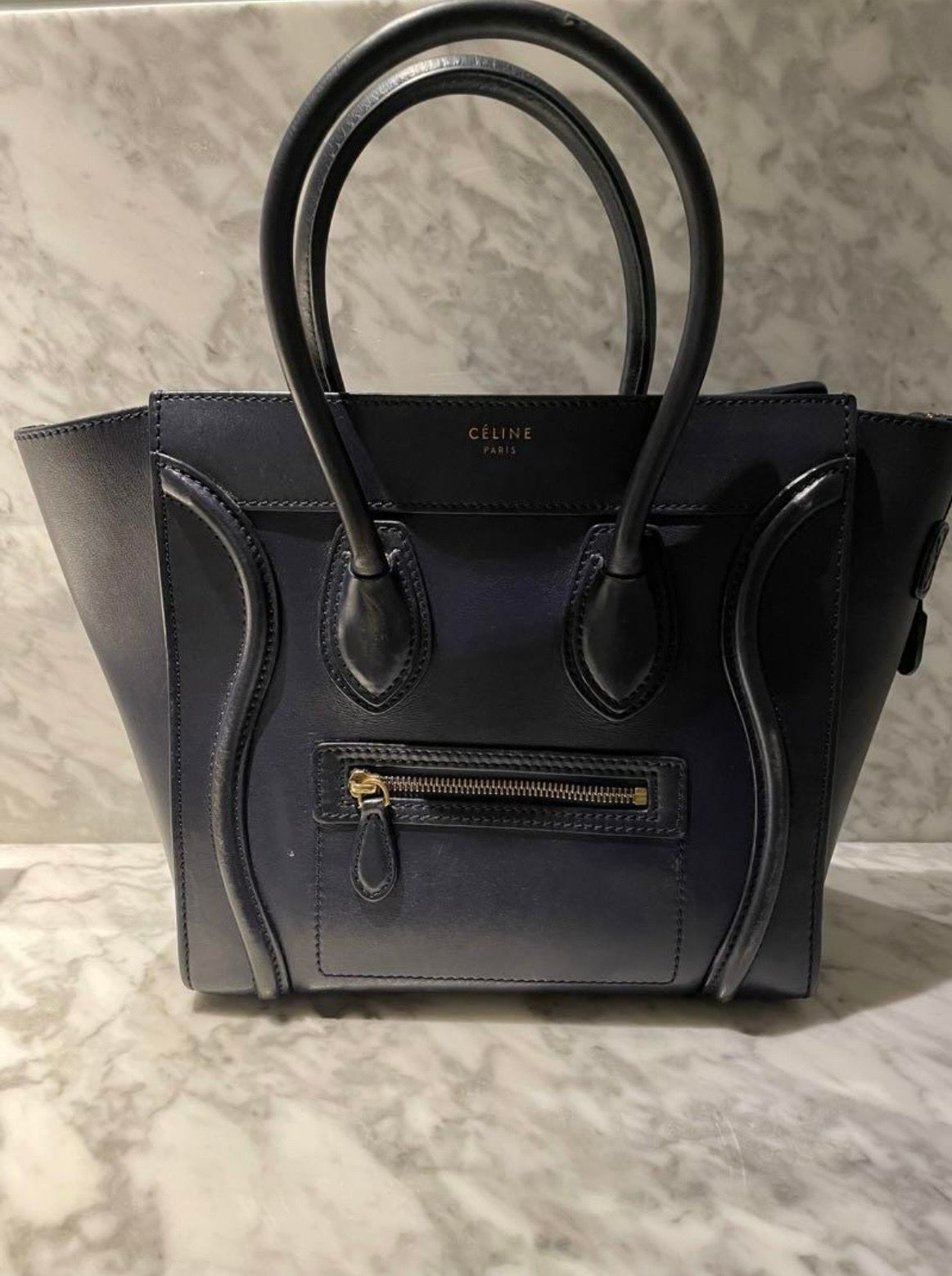 CELINE Mini Luggage Handbag In Calfskin "Navy"