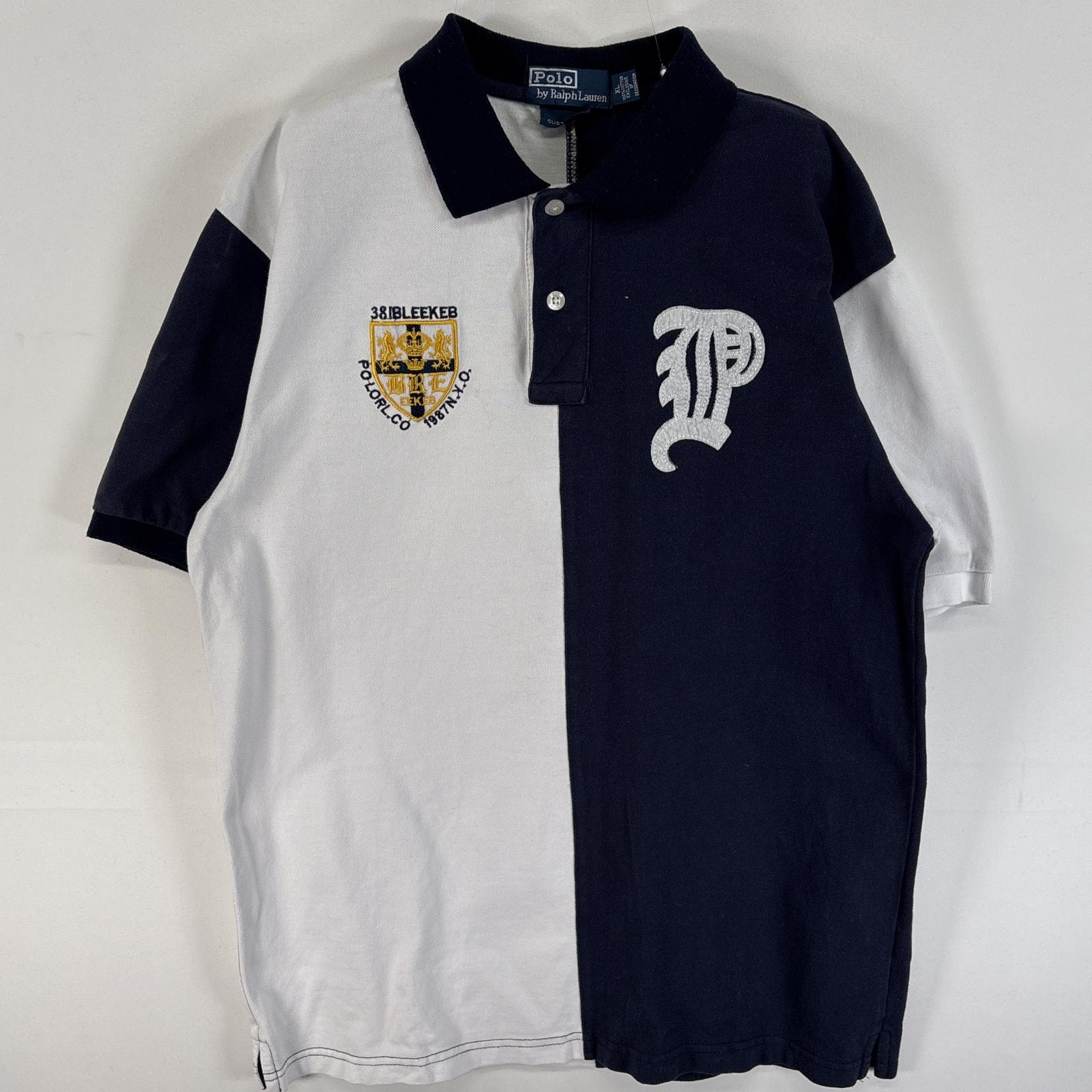 古着 90's/90年代 ポロバイラルフローレン Polo by Ralph Lauren 鹿の子 半袖 ポロシャツ フロッキー 2ボタン 子どもサイズ XL ネイビー系 ツートン レディース