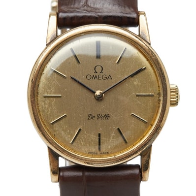 オメガ デビル 腕時計 手巻き ゴールド文字盤 ステンレススチール メッキ レザー レディース OMEGA 【中古】