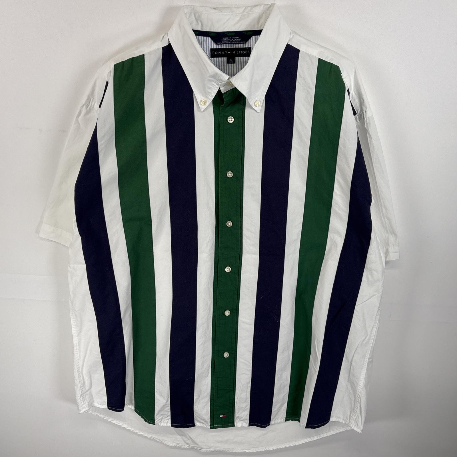 古着 トミーヒルフィガー TOMMY HILFIGER 半袖シャツ ボタンダウンシャツ マルチストライプ ワンポイント ロゴ 刺繍 XL ホワイト系 マルチカラー メンズ
