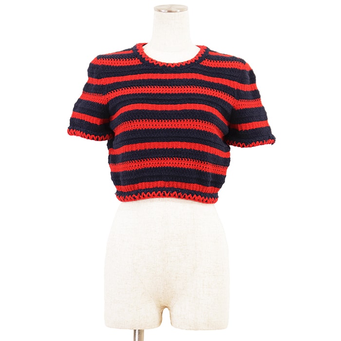 【極美品】CHANEL シャネル ニット サイズ 38 レディース P70323 コットンナイロン COCOマークボタン ボーダー クロップド クルーネック 短丈 半袖 トップス レッド ネイビー 紺 赤 イタリア製 ヴィルジニー・ヴィアール期
