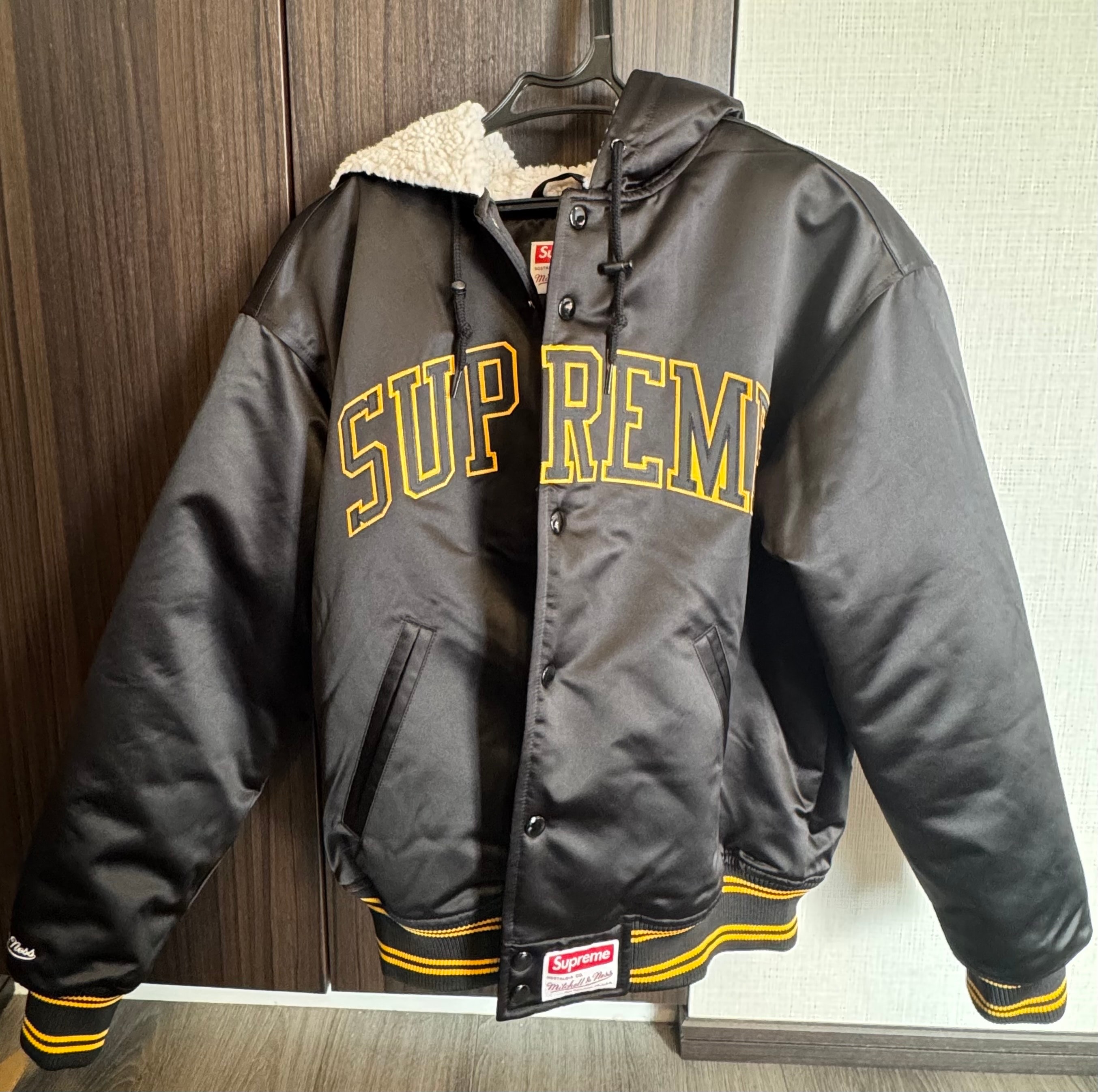Supreme x Mitchell & Ness Lined Hooded Satin Varsity Jacket 