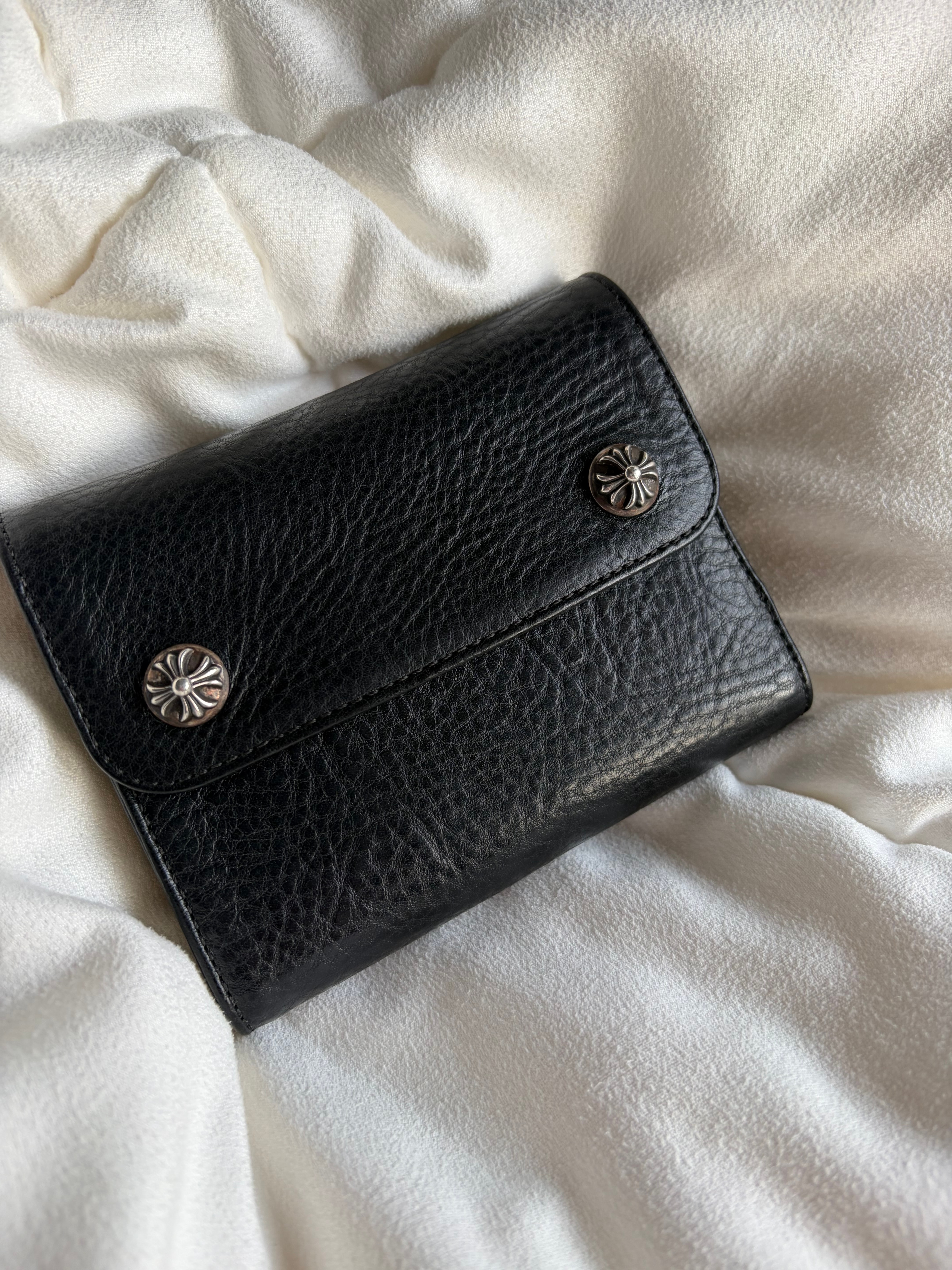 Chrome Hearts Wave Mini Cross Ball Button Leather Wallet "Black/Silver"