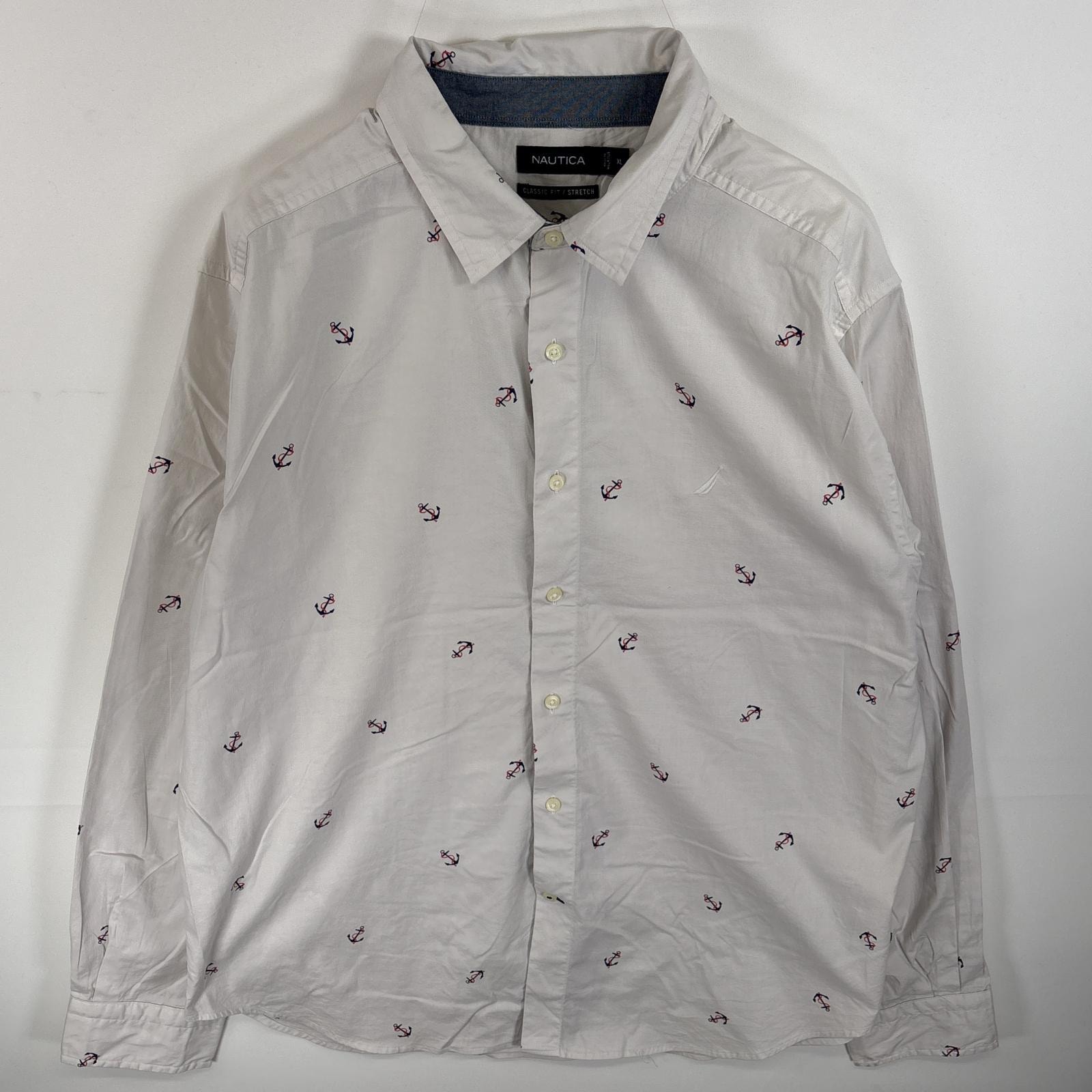 古着 ノーティカ NAUTICA 長袖シャツ ボタンダウンシャツ ワンポイント ロゴ 刺繍 いかり XL ホワイト系 総柄 メンズ