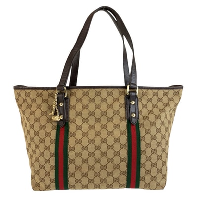 美品 GUCCI グッチ シェリーライン ベージュ ブラウン ゴールド金具 GGキャンバス レザー/ トートバッグ ショルダーバッグ 604293 【中古】