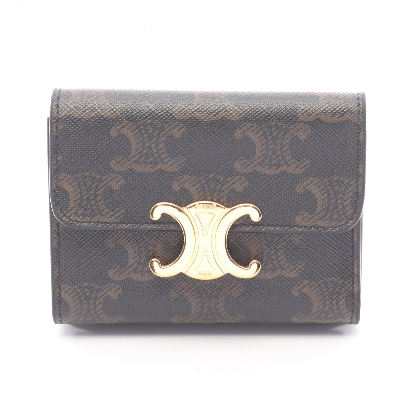 セリーヌ CELINE トリオンフ コンパクトウォレット 三つ折り財布 財布 レザー PVC レディース ブラック系 / ブラウン系 10I652DS3.04LU 【中古】