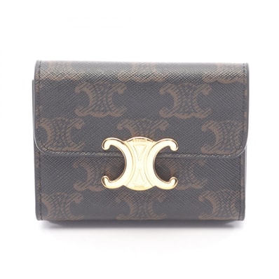 セリーヌ CELINE トリオンフ コンパクトウォレット 三つ折り財布 財布 レザー PVC レディース ブラック系 / ブラウン系 10I652DS3.04LU 【中古】