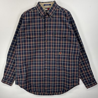 古着 90's/90年代 トミーヒルフィガー TOMMY HILFIGER 長袖シャツ ボタンダウンシャツ フラップポケ ワンポイント ロゴ 刺繍 L ブラウン系 チェック メンズ