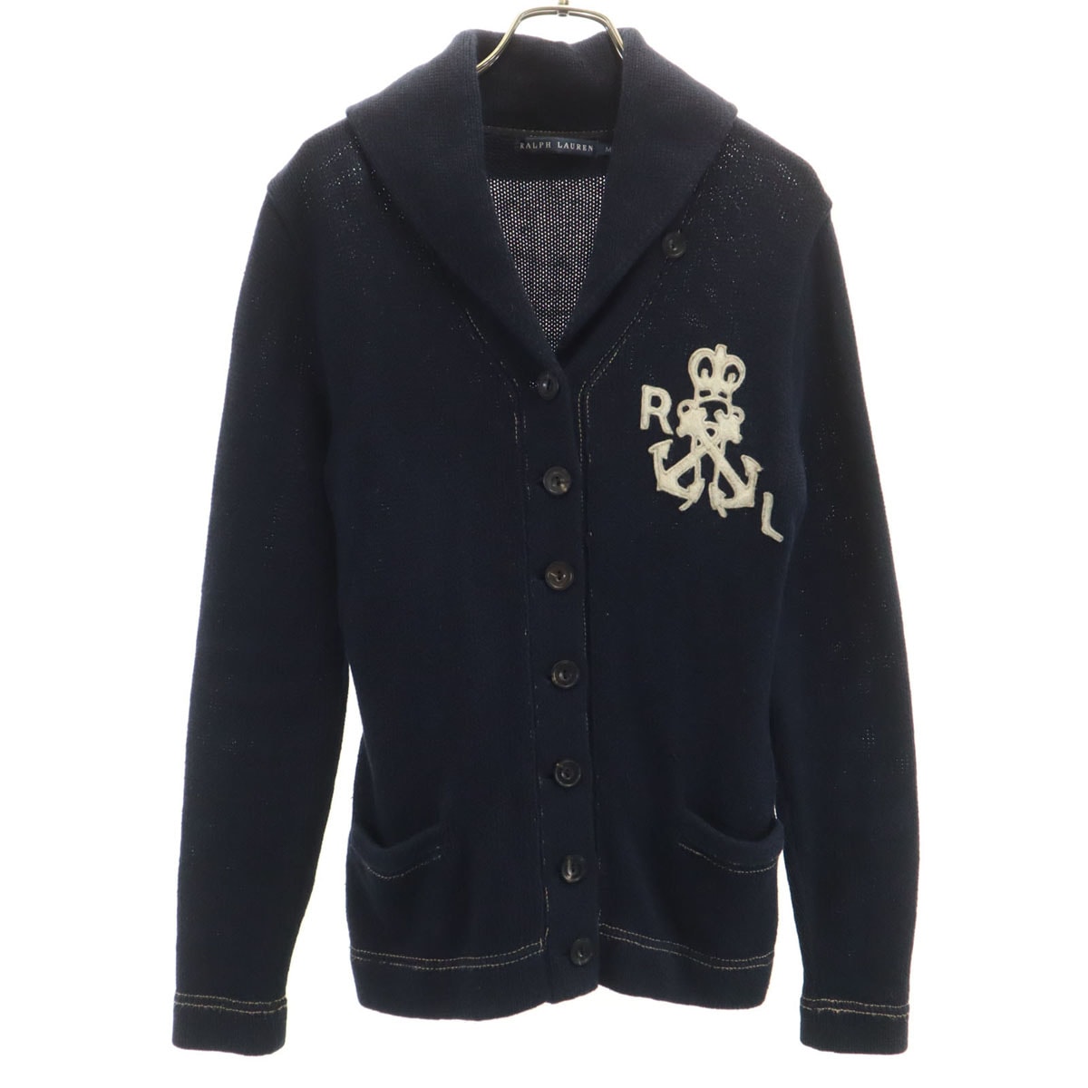 RALPH LAUREN ラルフローレン リネンブレンド 長袖 ショールカラー ニットカーディガン M ネイビー インパクト21