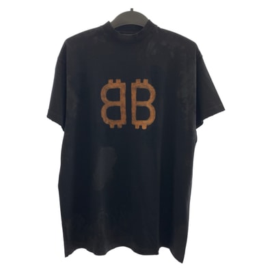 超美品 BALENCIAGA バレンシアガ BBロゴ サイズL ブラック 黒 ブラウン コットン 半袖Tシャツ クルーネック カットソー 505239 【中古】