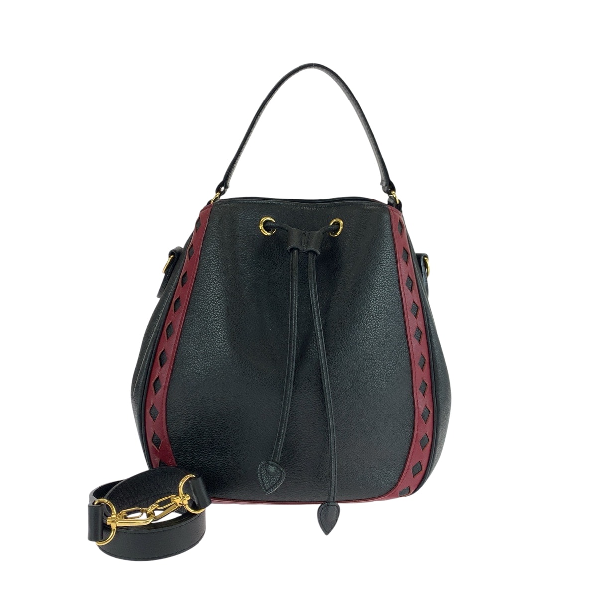 美品 YVES SAINT LAURENT イヴ サンローラン ヴィンテージ ダイヤカット ブラック 黒 レッド ゴールド金具 レザー ショルダーバッグ ハンドバッグ 501700 【中古】