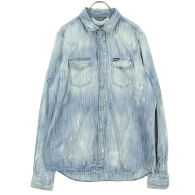 美品 DIESEL ディーゼル 長袖 デニムシャツ L ライトブルー ウォッシュ加工 ダメージ加工