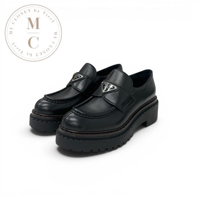 プラダ PRADA ダブルチョコレート ローファー 革靴 靴 シューズ レザー ブラック 黒 トライアングルロゴ