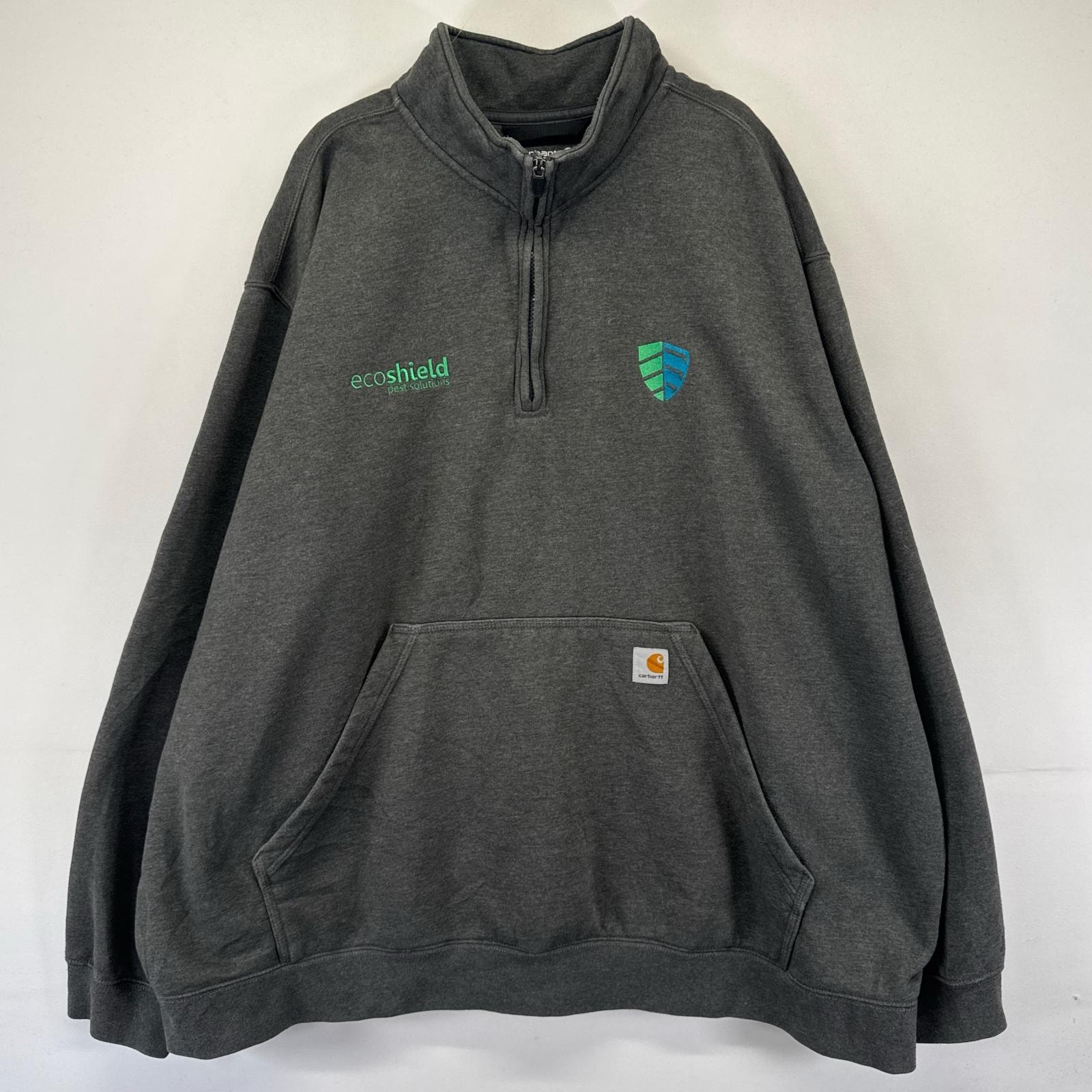 古着 カーハート Carhartt スウェット ハーフジップ トレーナー 企業ロゴ刺繍 大きいサイズ 4XL  グレー系 メンズ