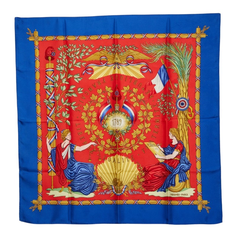 エルメス カレ90 1789 LIBERTE EGALITE FRATERNITE REPUBLIQUE FRANCAISE 1789年フランス革命を記念して スカーフ 大判 レッド ブルー シルク レディース HERMES 【中古】