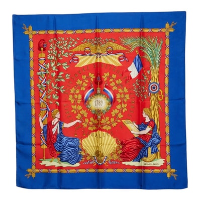 エルメス カレ90 1789 LIBERTE EGALITE FRATERNITE REPUBLIQUE FRANCAISE 1789年フランス革命を記念して スカーフ 大判 レッド ブルー シルク レディース HERMES 【中古】