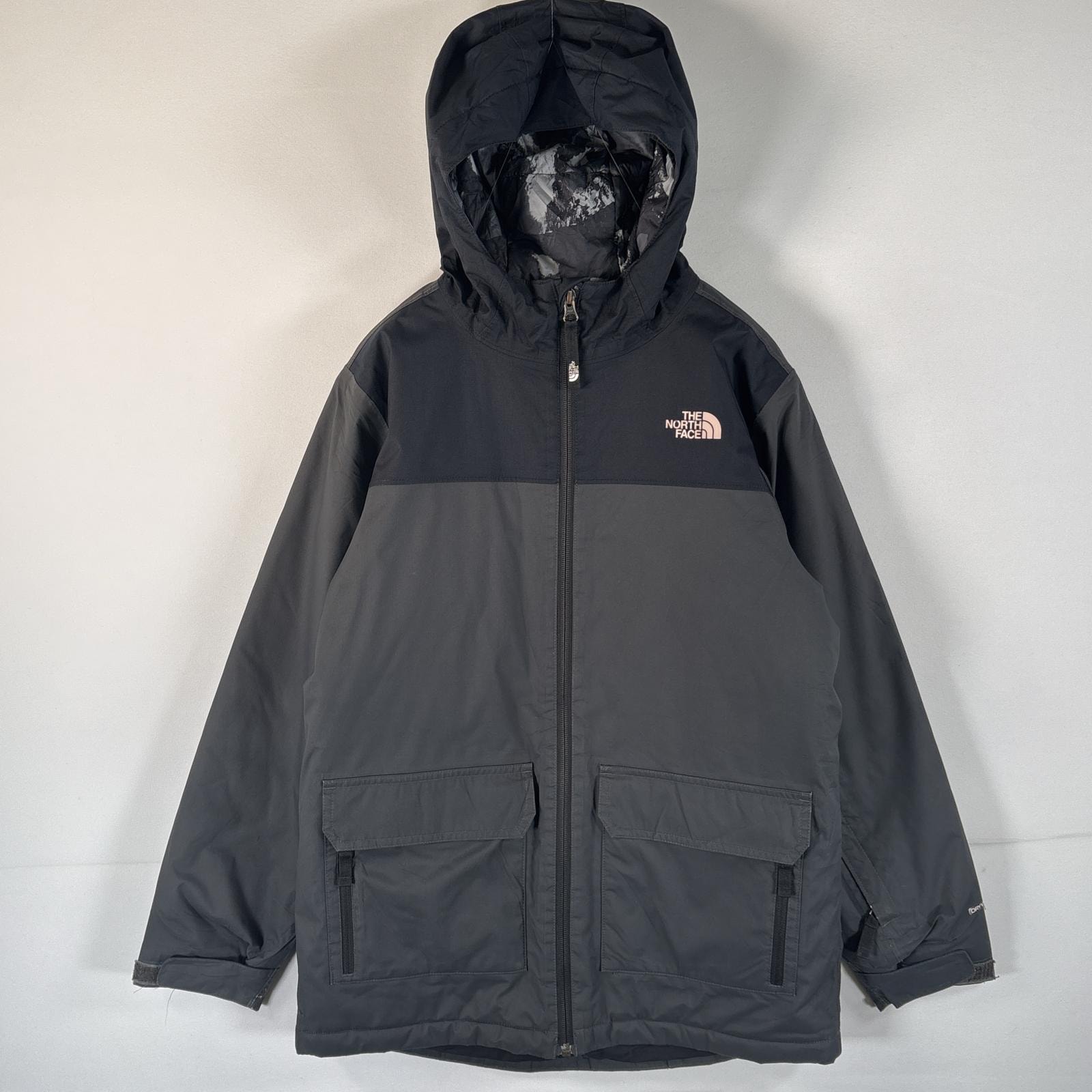 古着 ザ・ノースフェイス THE NORTH FACE ナイロンジャケット ドライベント ワンポイントロゴ フード総柄 L 14/16 ブラック ボーイズ