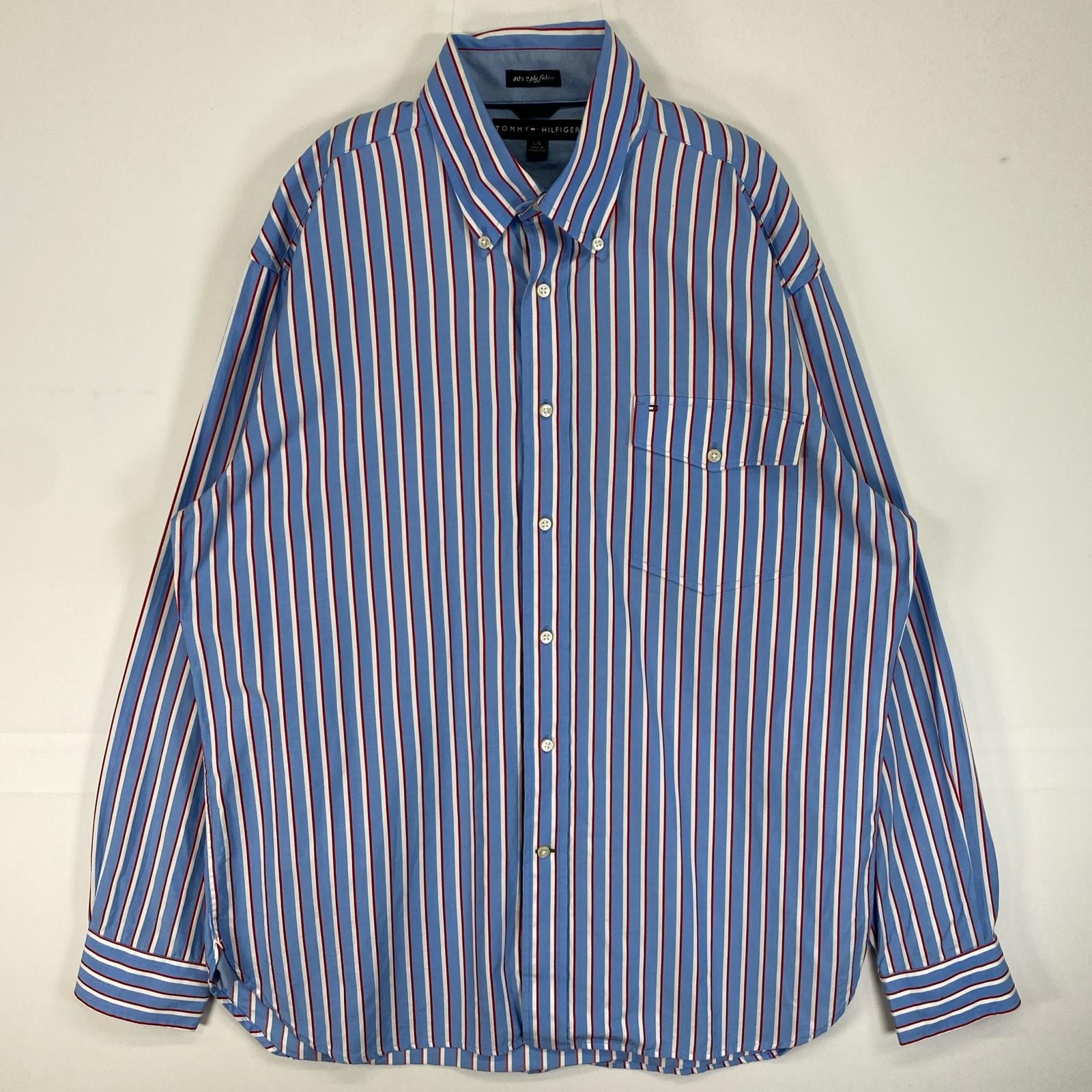 古着 トミーヒルフィガー TOMMY HILFIGER 長袖シャツ ストライプ フラップポケ ボタンダウン L  水色系 マルチカラー メンズ