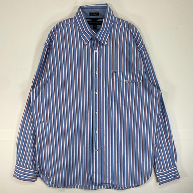 古着 トミーヒルフィガー TOMMY HILFIGER 長袖シャツ ストライプ フラップポケ ボタンダウン L 水色系 マルチカラー メンズ